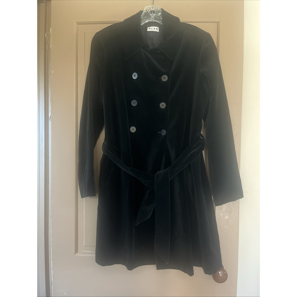 BCBG Womens Velvet Belted Black Trench Coat Sz Small Double-Breasted Vintage